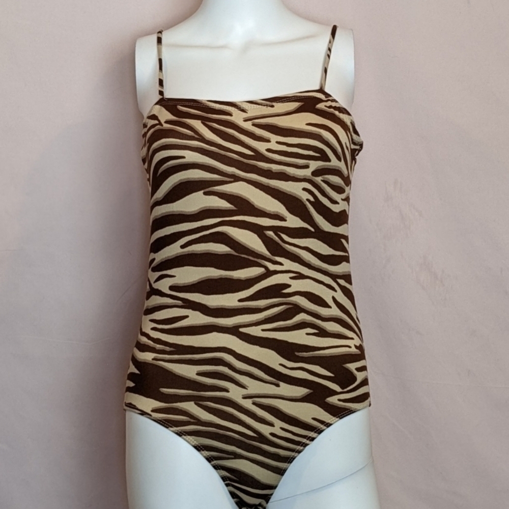Fashion Nova Fierce Encounter Cream and Brown Zebra Print Cami Bodysuit Medium